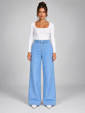 Women's Wide-Leg Jeans – Elastic Waist Light Wash in Light Wash Blue — front view