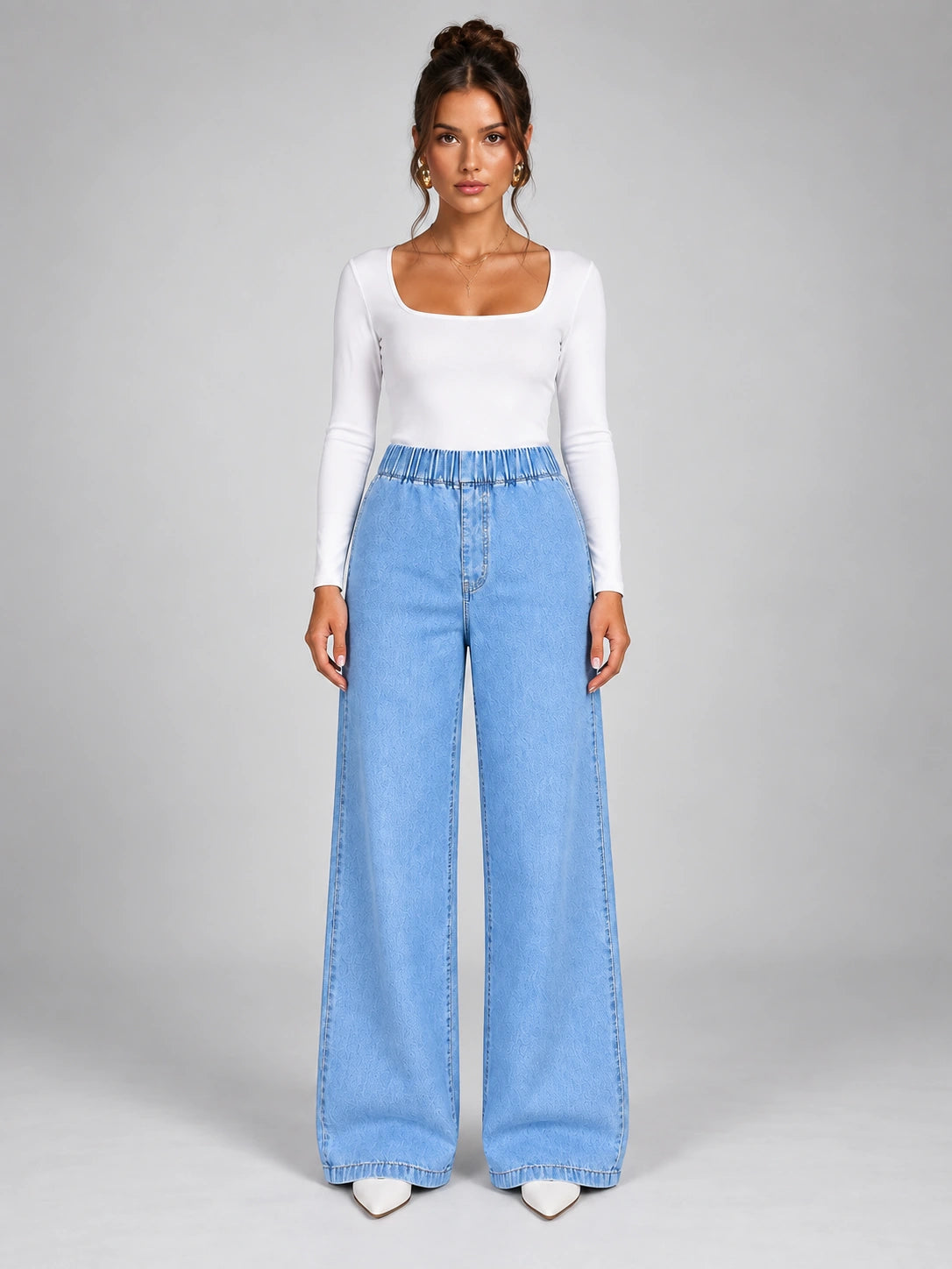 Women's Wide-Leg Jeans – Elastic Waist Light Wash in Light Wash Blue — front view