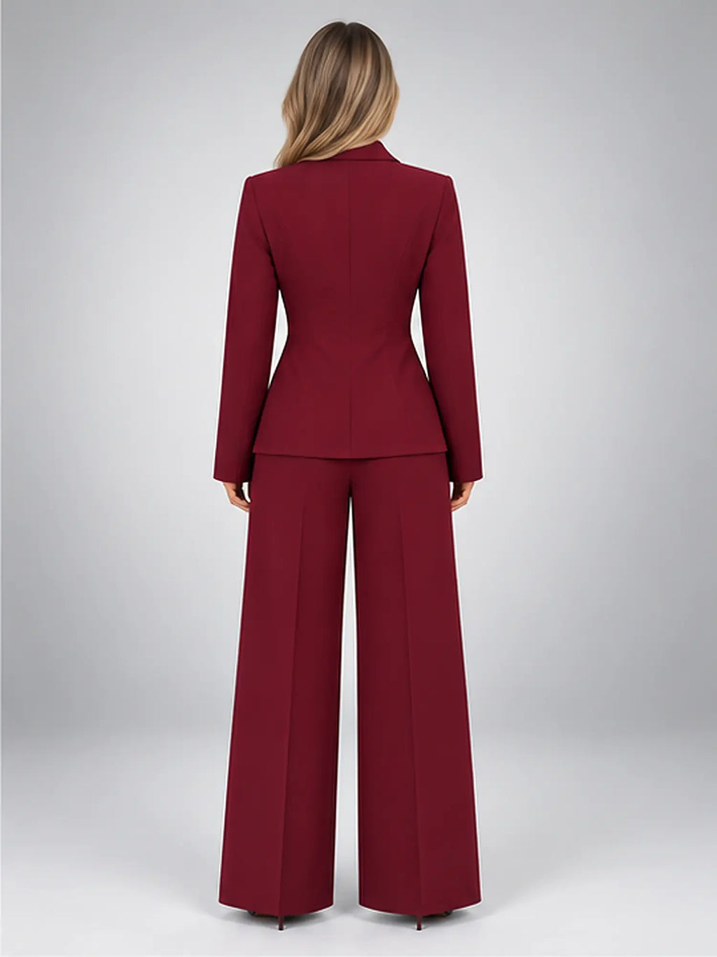 Women's Wide-Leg Trouser Suit – Single-Button Jacket in Burgundy — back view