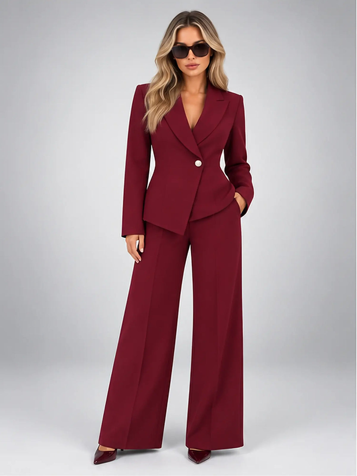 Women's Wide-Leg Trouser Suit – Single-Button Jacket in Burgundy — front view