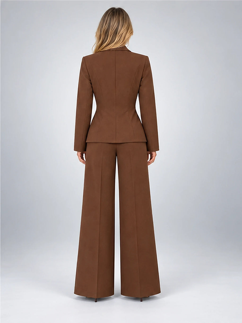 Women's Wide-Leg Trouser Suit – Single-Button Jacket in Chocolate Brown — back view