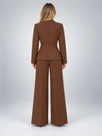 Women's Wide-Leg Trouser Suit – Single-Button Jacket in Chocolate Brown — back view