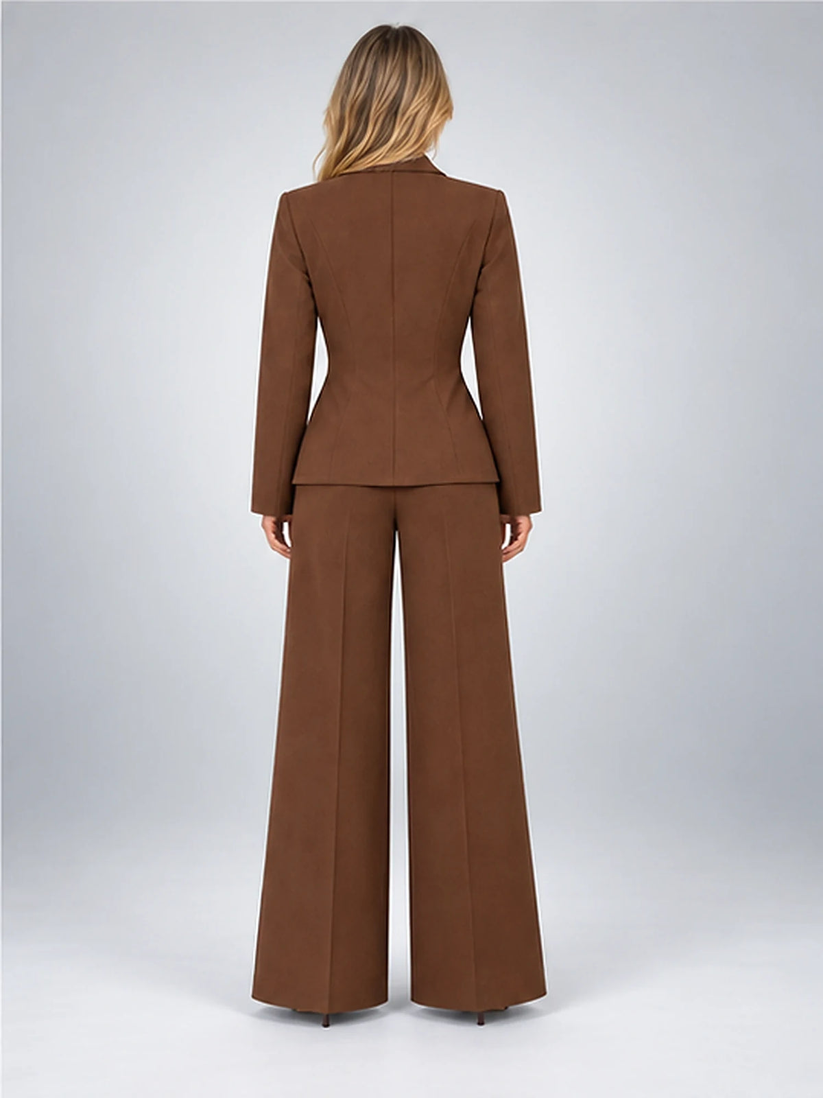 Women's Wide-Leg Trouser Suit – Single-Button Jacket in Chocolate Brown — back view