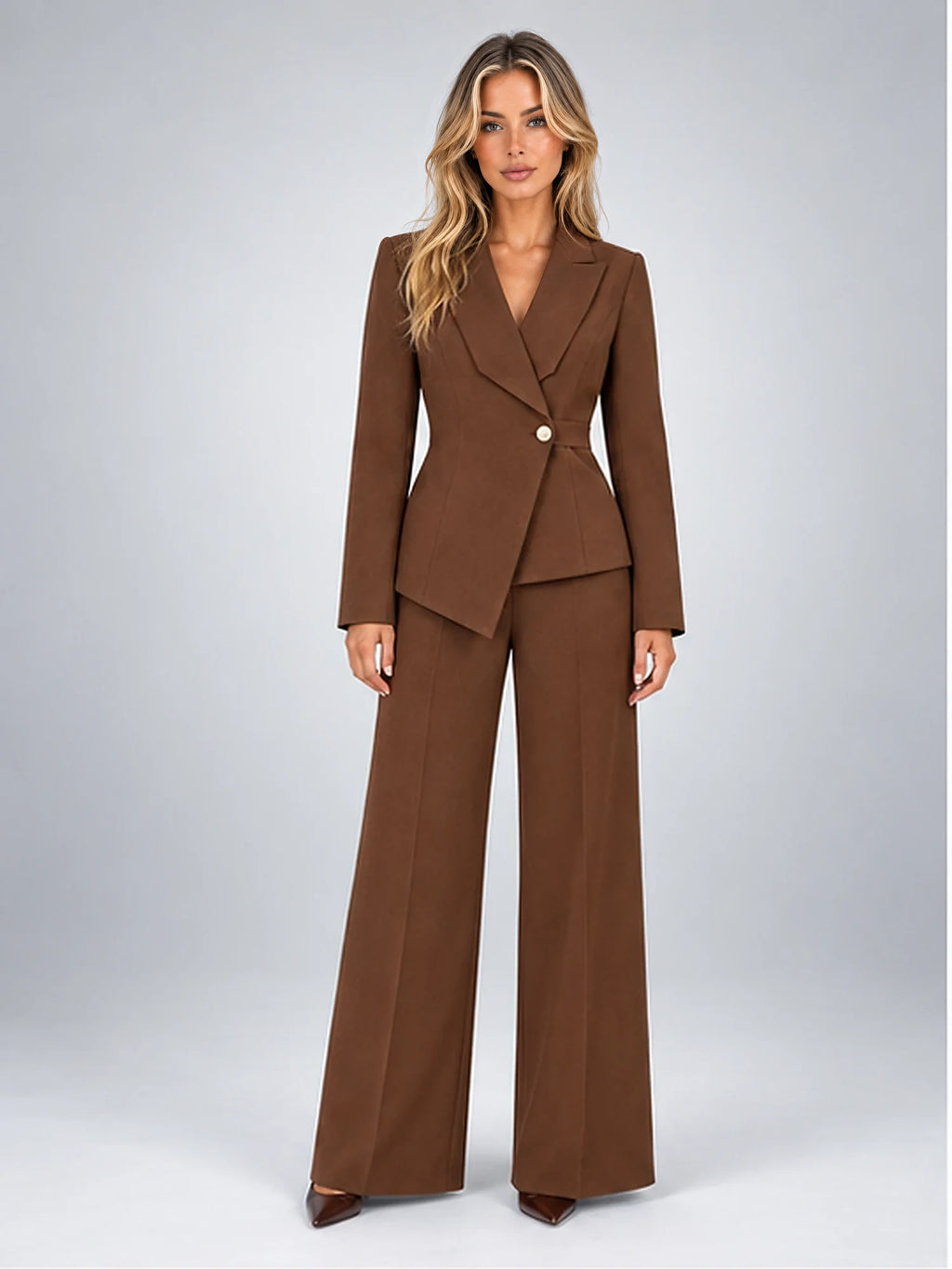 Women's Wide-Leg Trouser Suit – Single-Button Jacket in Chocolate Brown — front view