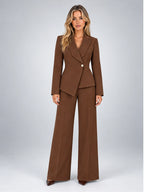 Women's Wide-Leg Trouser Suit – Single-Button Jacket in Chocolate Brown — front view