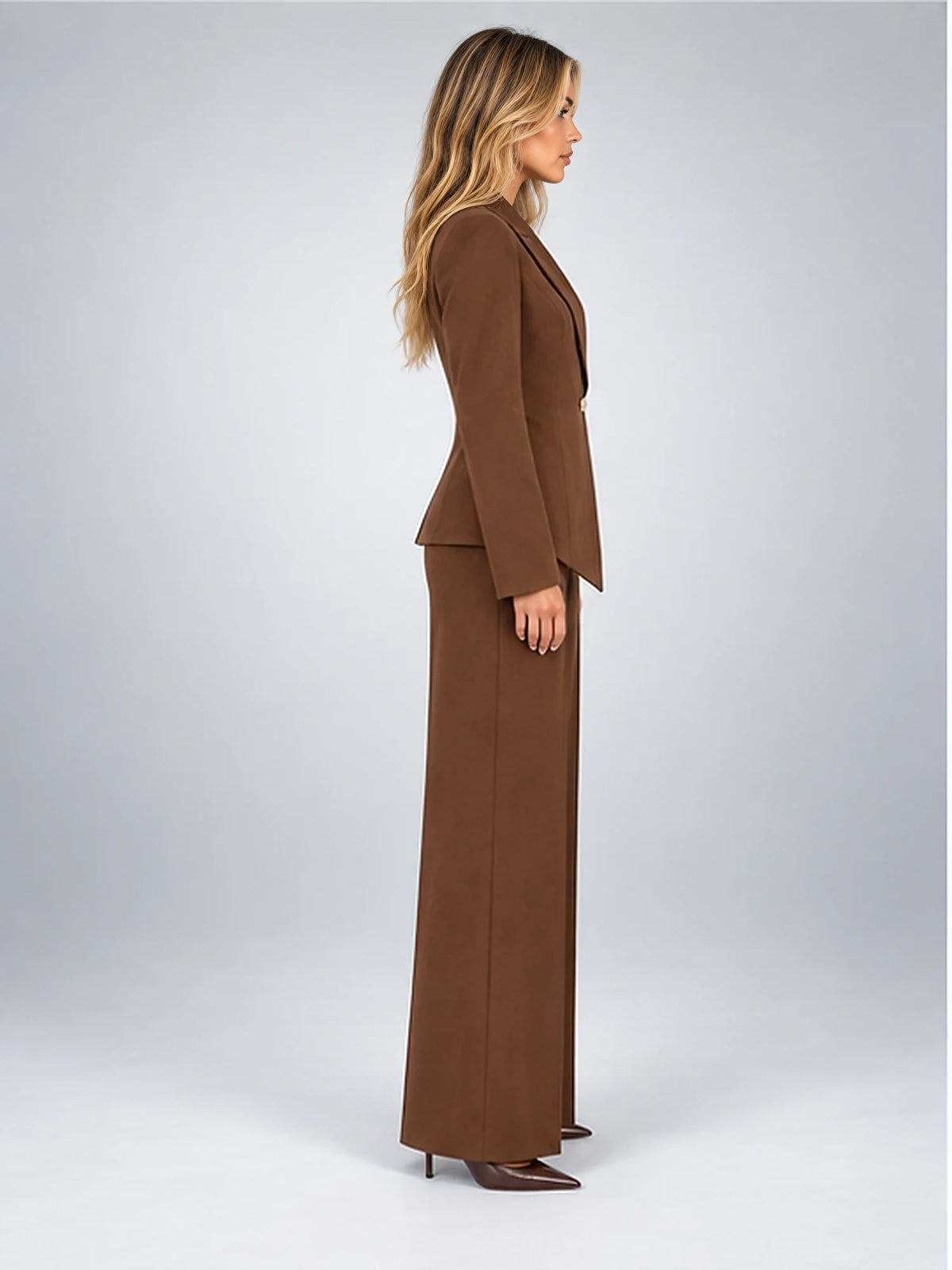 Women's Wide-Leg Trouser Suit – Single-Button Jacket in Chocolate Brown — side view