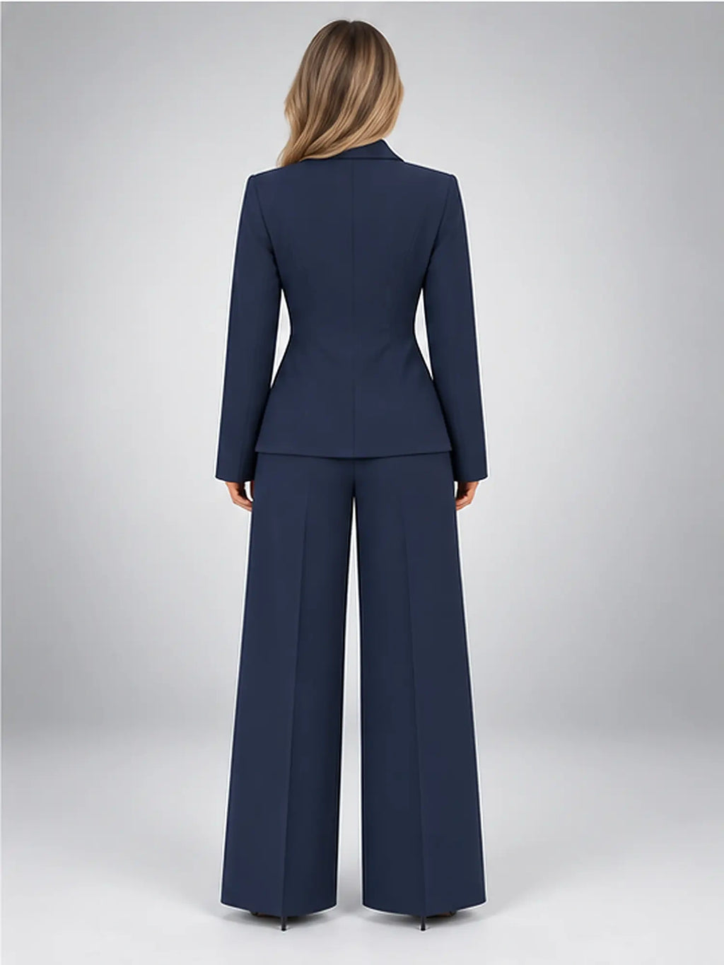 Women's Wide-Leg Trouser Suit – Single-Button Jacket in Navy — back view