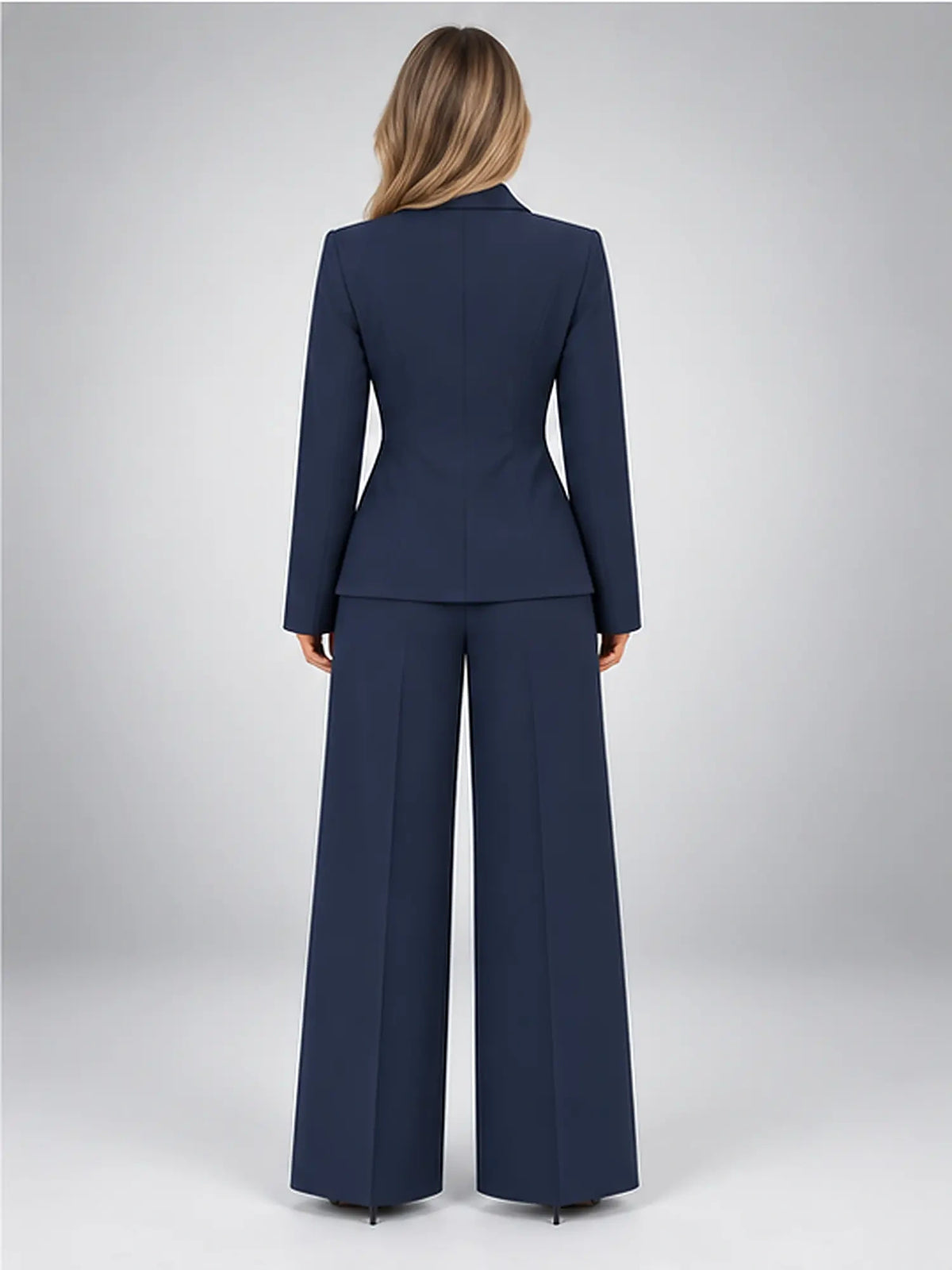 Women's Wide-Leg Trouser Suit – Single-Button Jacket in Navy — back view