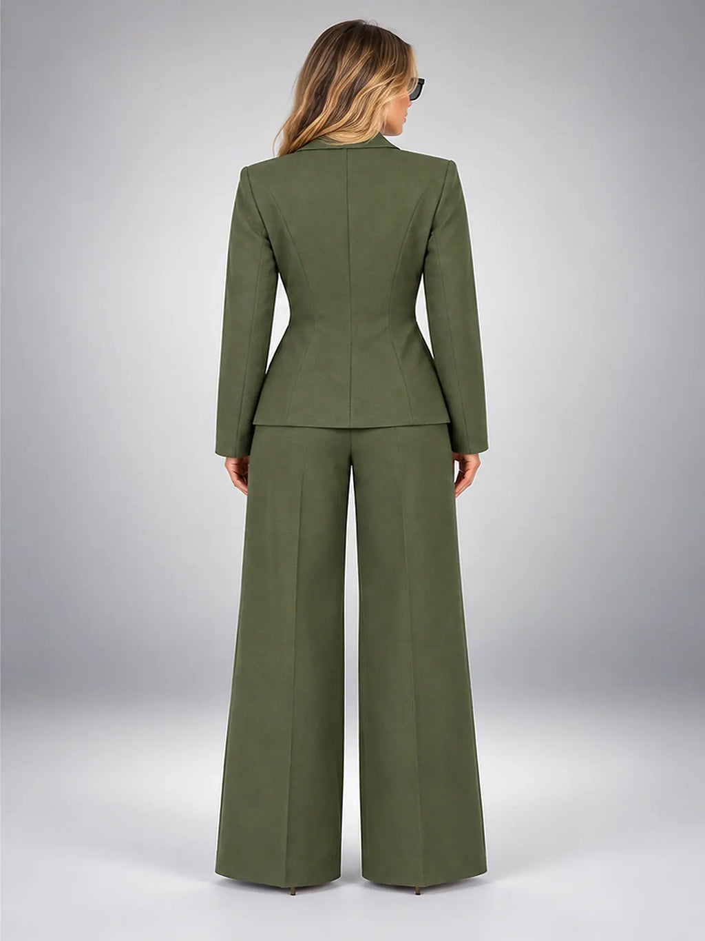 Women's Wide-Leg Trouser Suit – Single-Button Jacket in Olive — back view
