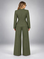 Women's Wide-Leg Trouser Suit – Single-Button Jacket in Olive — back view