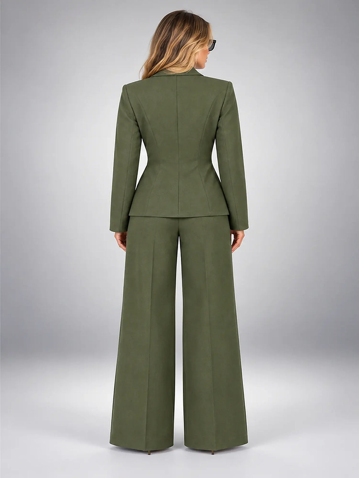 Women's Wide-Leg Trouser Suit – Single-Button Jacket in Olive — back view