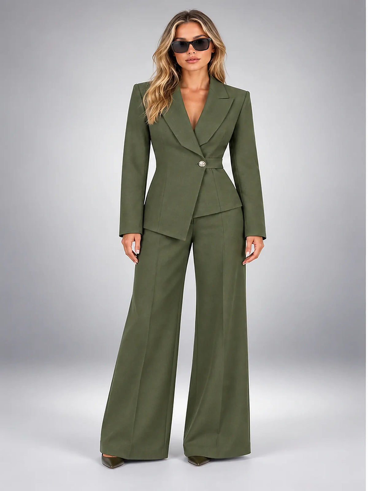 Women's Wide-Leg Trouser Suit – Single-Button Jacket in Olive — front view