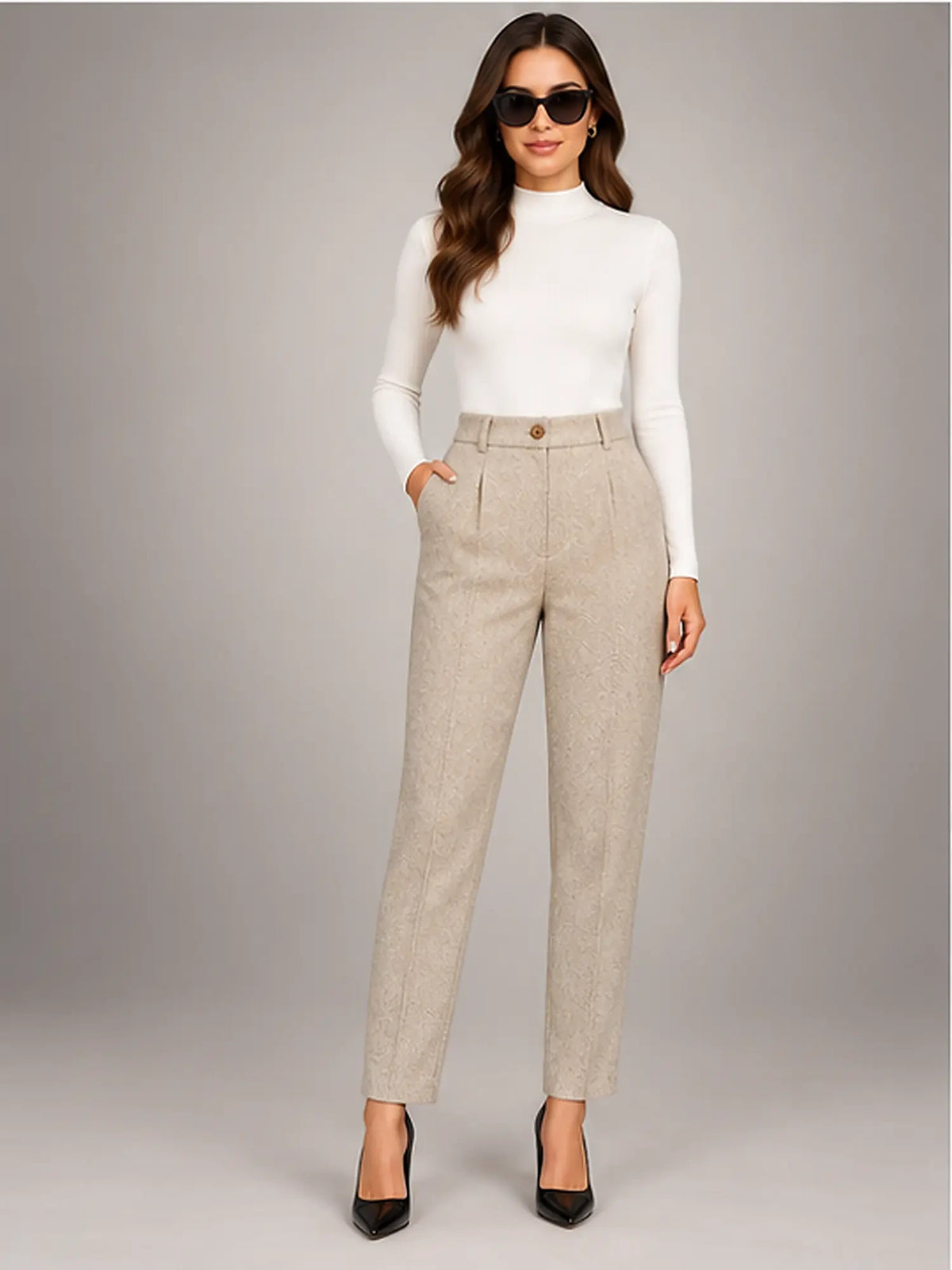 Women's Wool-Blend Trousers – High Waist Tapered Fit in Apricot — front view