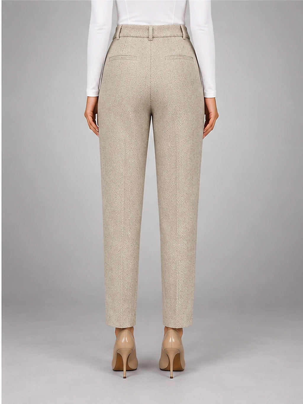 Women's Wool-Blend Trousers – High Waist Tapered Fit in Cream — back view