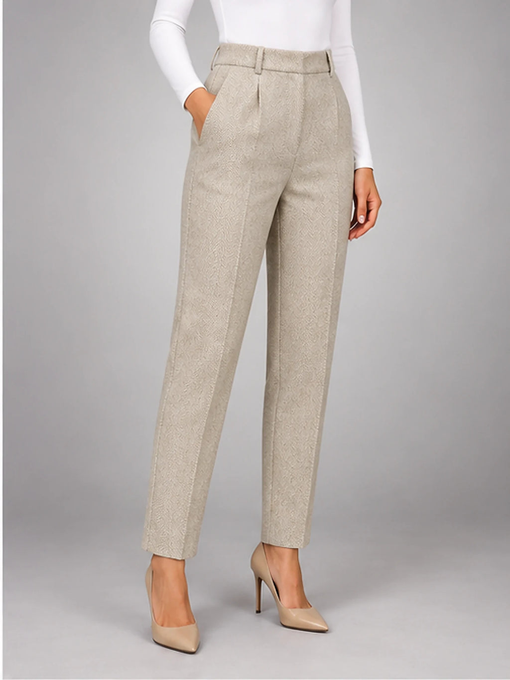 Women's Wool-Blend Trousers – High Waist Tapered Fit in Cream — alternate view