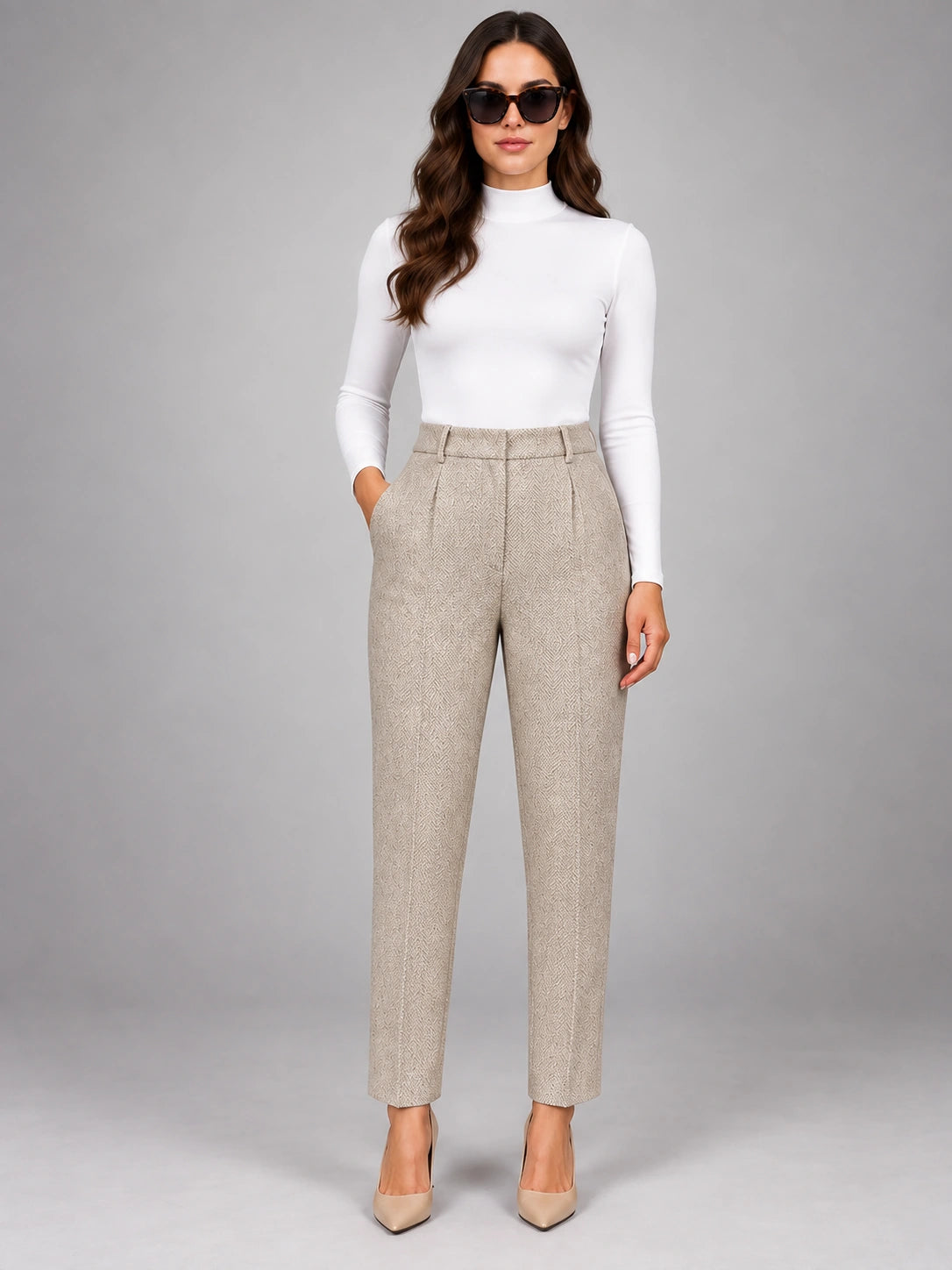 Women's Wool-Blend Trousers – High Waist Tapered Fit in Cream — front view