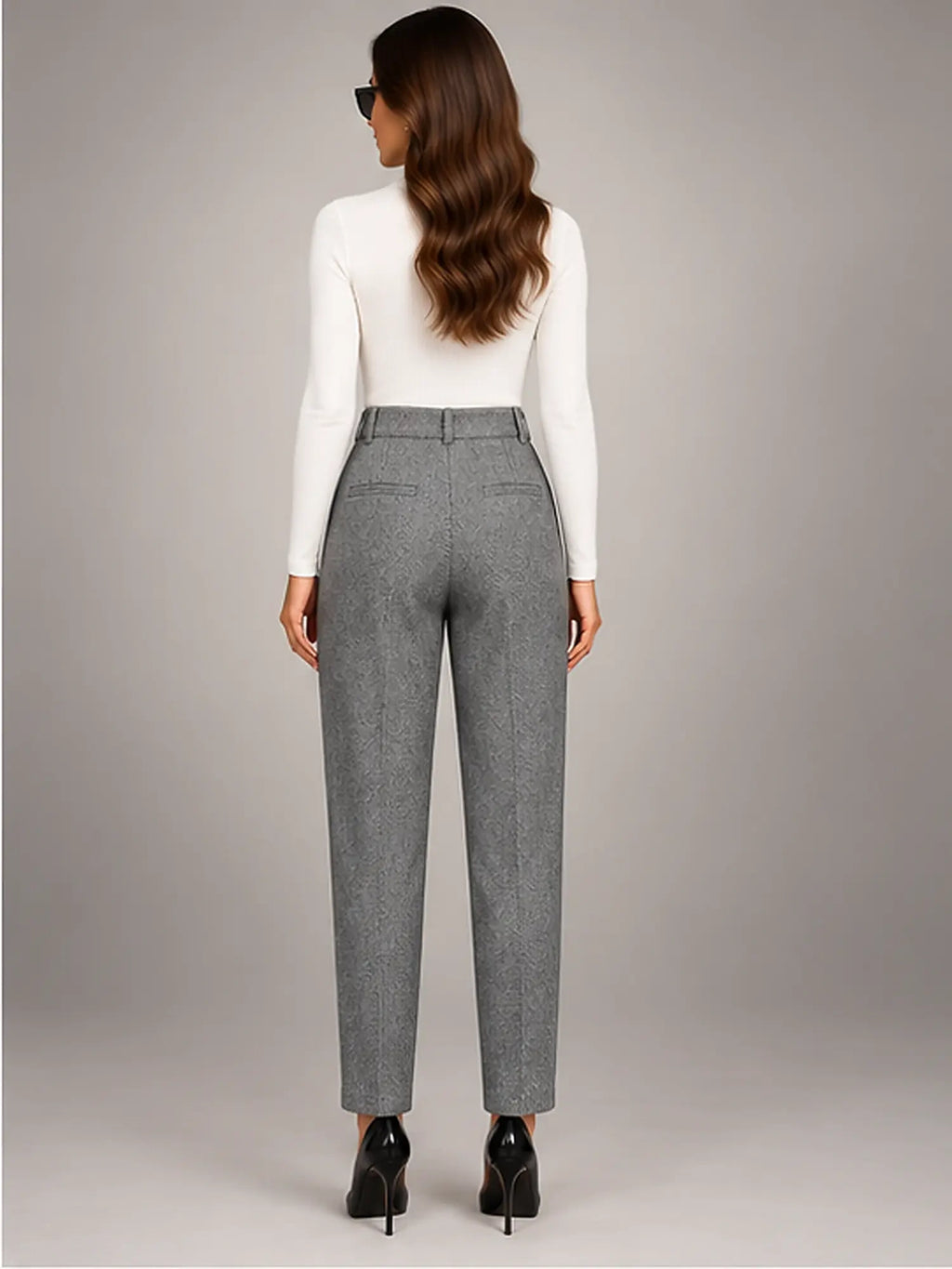 Women's Wool-Blend Trousers – High Waist Tapered Fit in Grey — back view