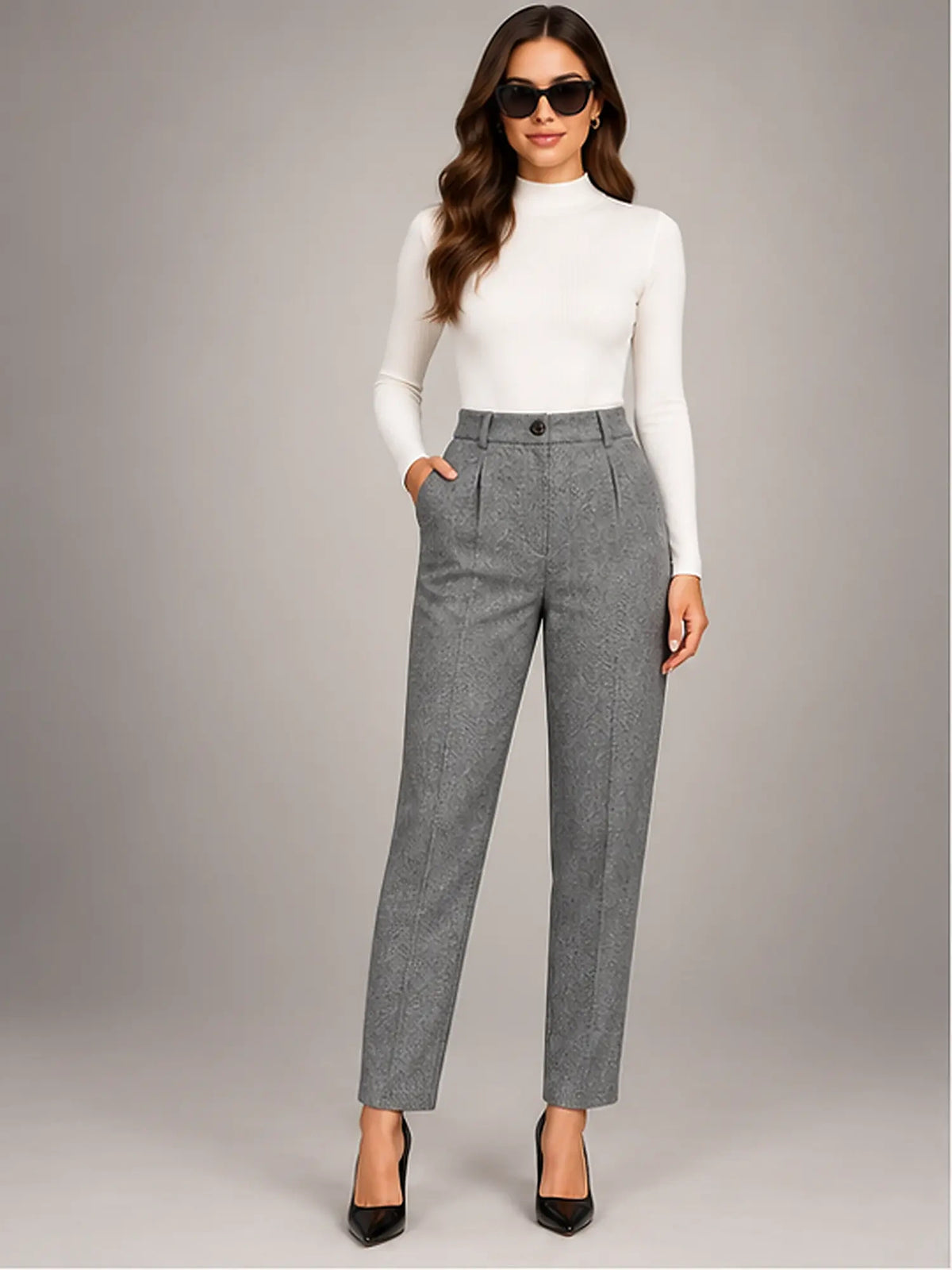Women's Wool-Blend Trousers – High Waist Tapered Fit in Grey — front view