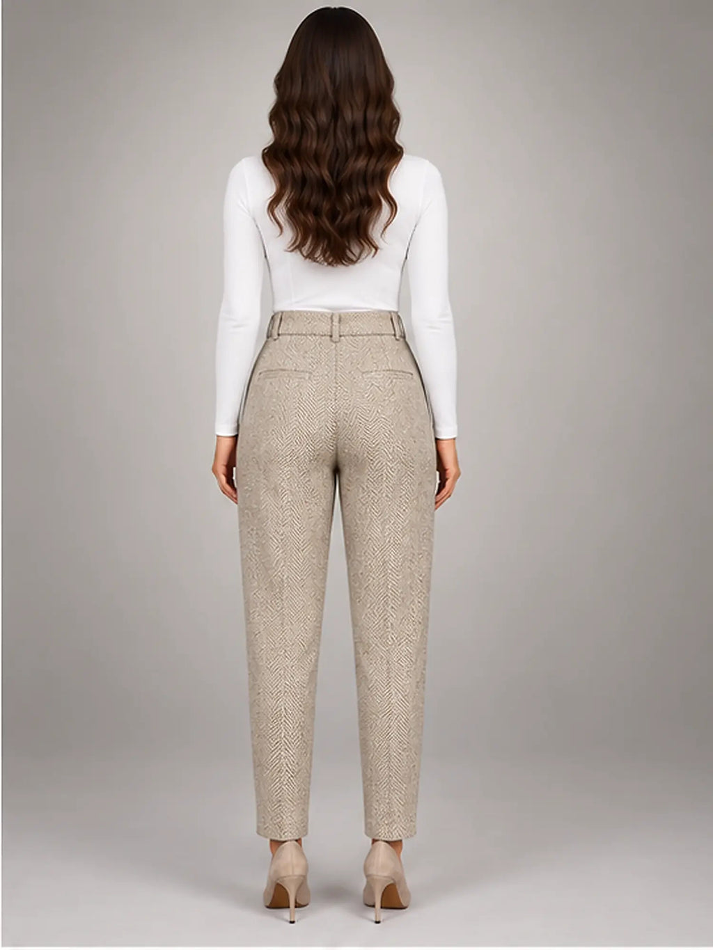 Women's Wool-Blend Trousers – High Waist Tapered Fit in Khaki — back view