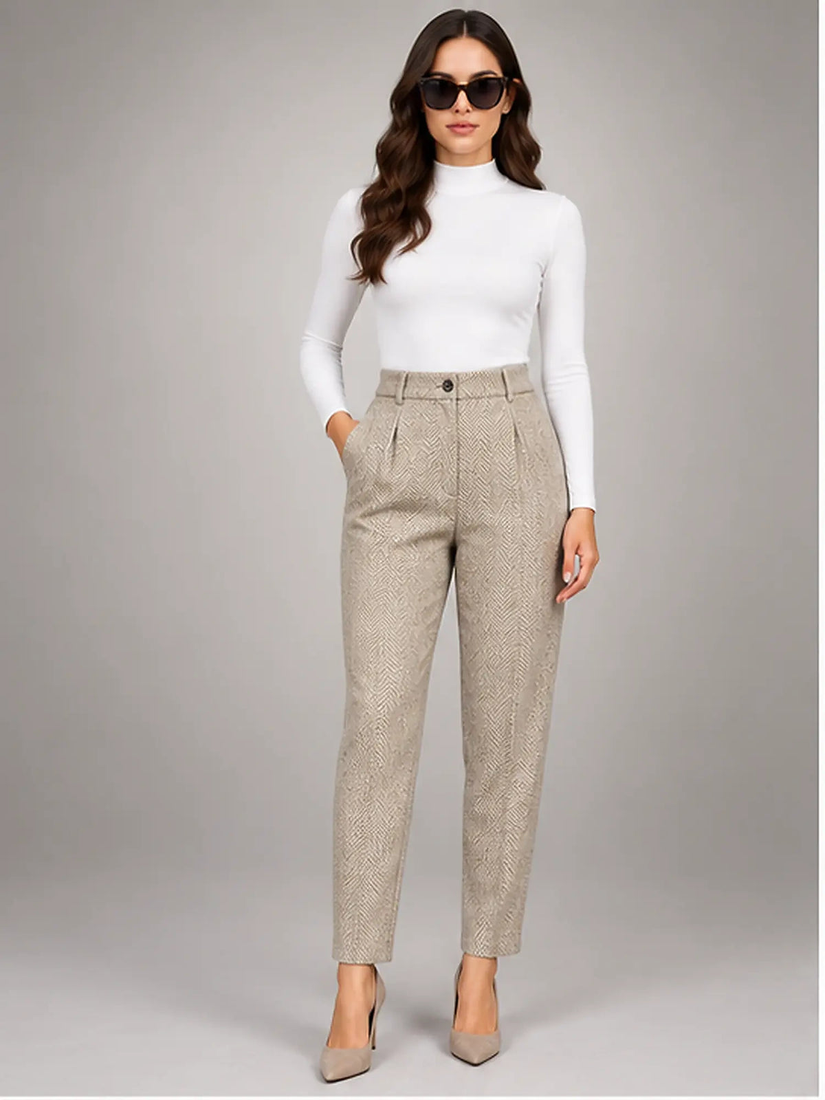 Women's Wool-Blend Trousers – High Waist Tapered Fit in Khaki — front view