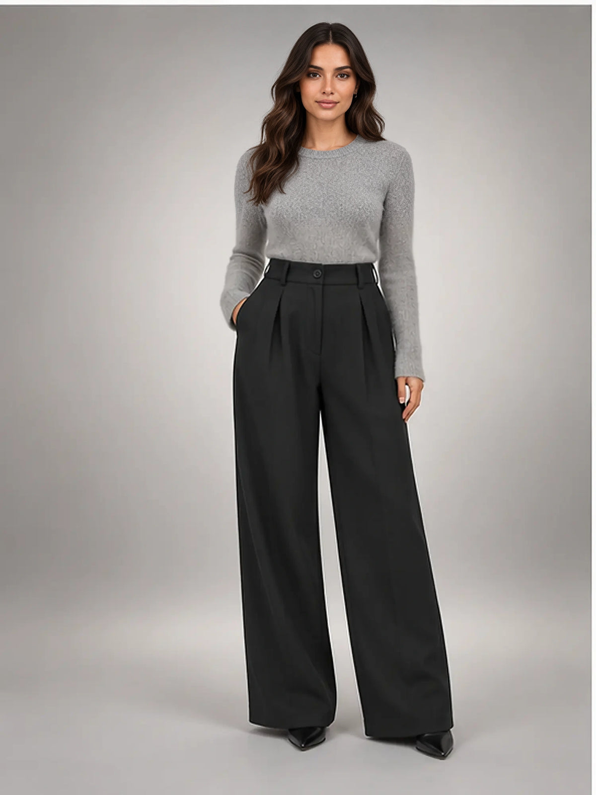 Women's Wool-Blend Trousers – Pleated Wide Leg in Black — front view