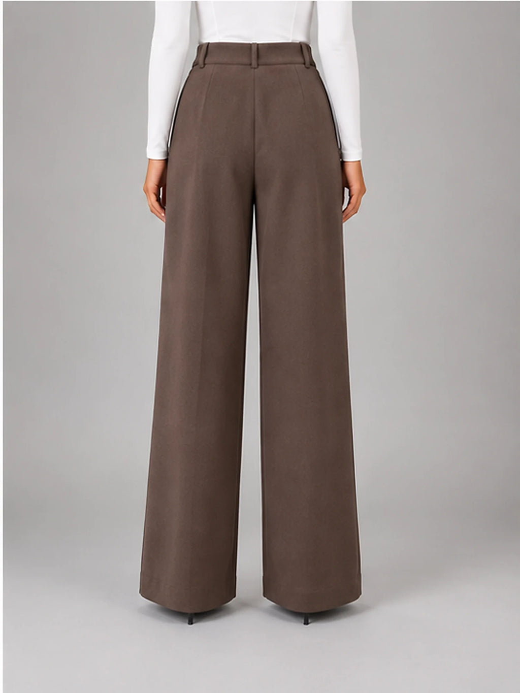Women's Wool-Blend Trousers – Pleated Wide Leg in Coffee — back view