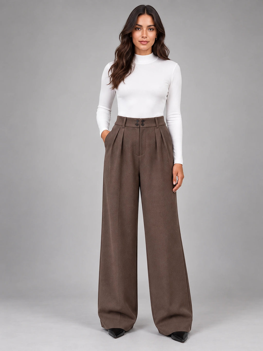 Women's Wool-Blend Trousers – Pleated Wide Leg in Coffee — front view