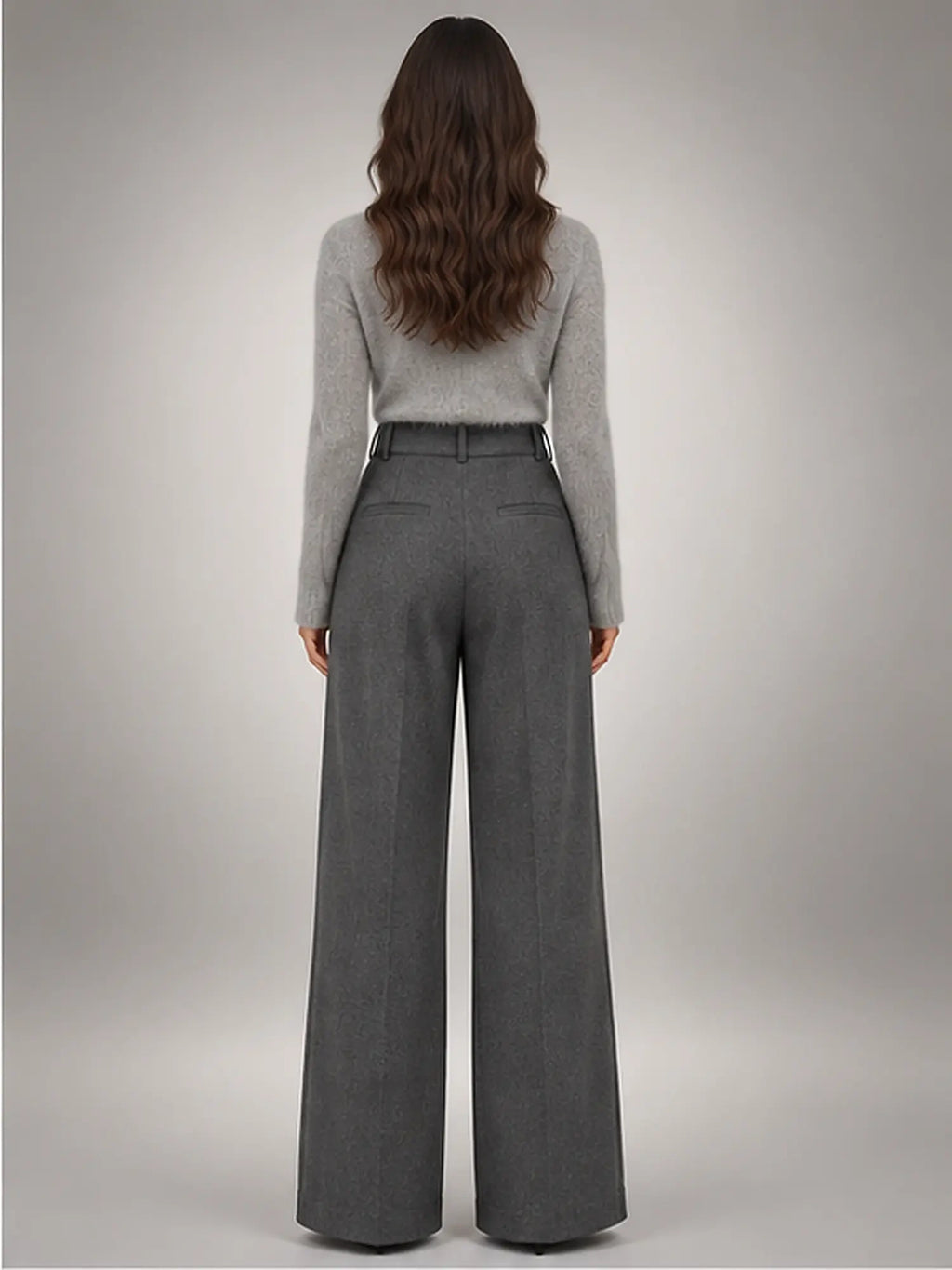 Women's Wool-Blend Trousers – Pleated Wide Leg in Grey — back view
