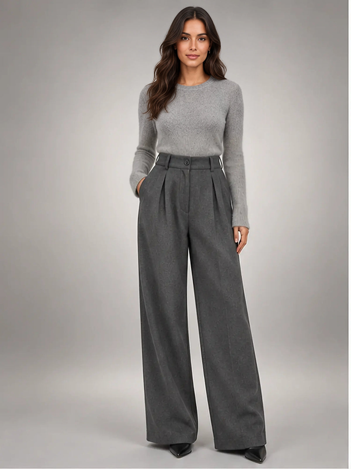 Women's Wool-Blend Trousers – Pleated Wide Leg in Grey — front view