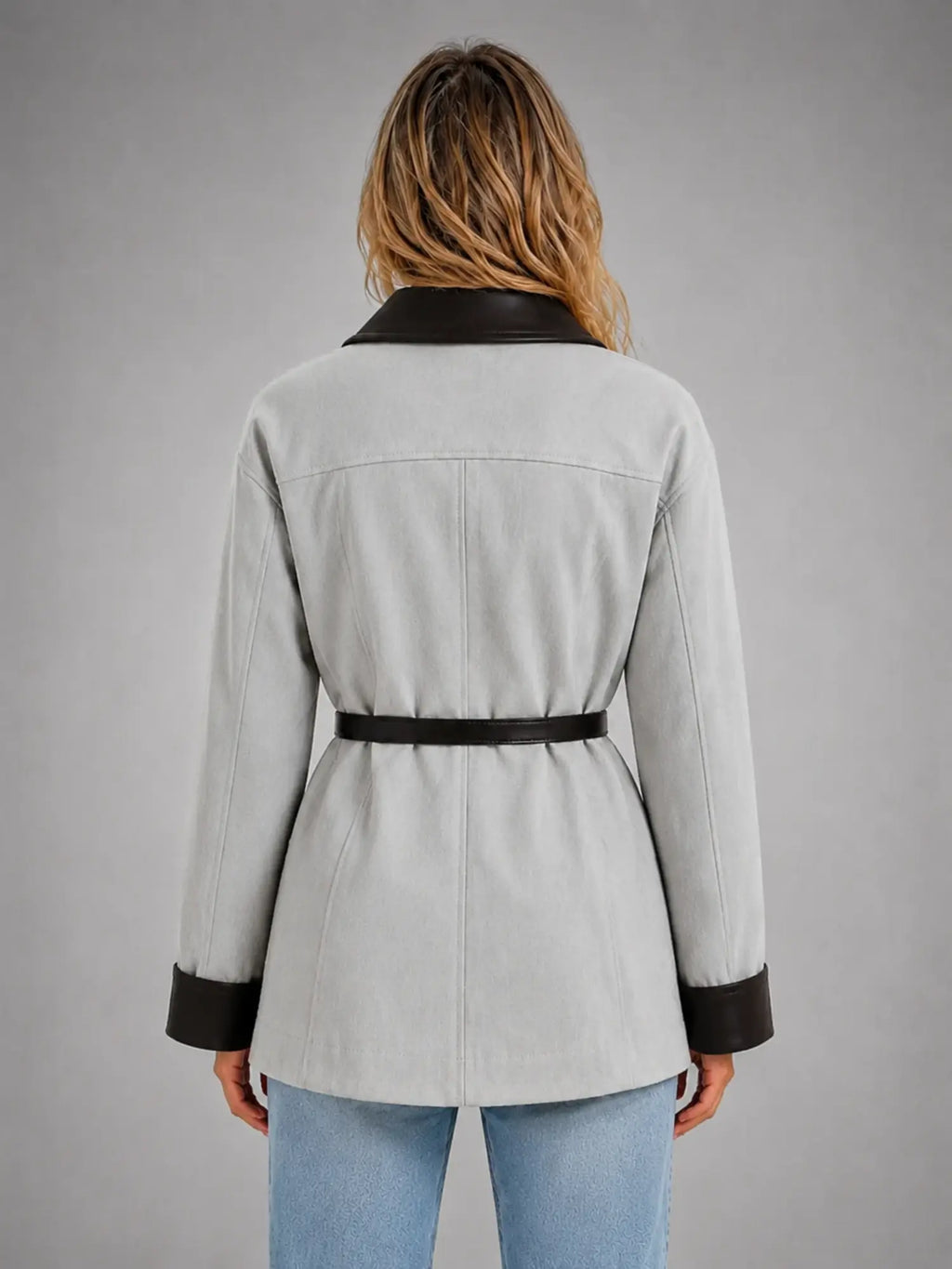 Women's Belted Tailored Blazer – Cinched-Waist Smart Style in grey, back view