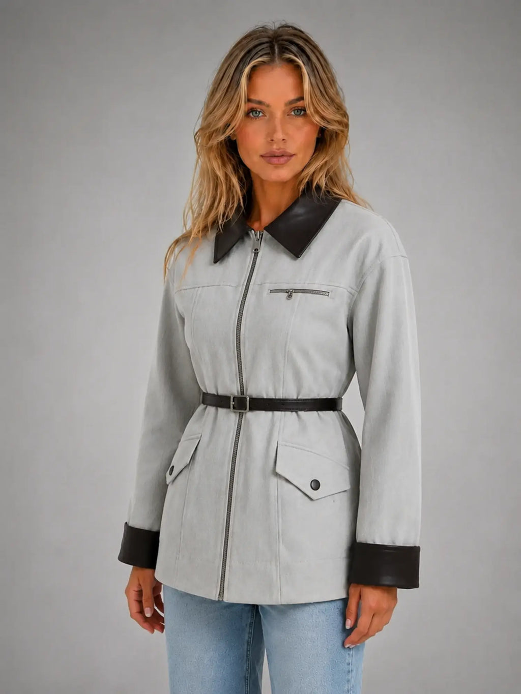 Women's Belted Tailored Blazer – Cinched-Waist Smart Style in grey, hover view