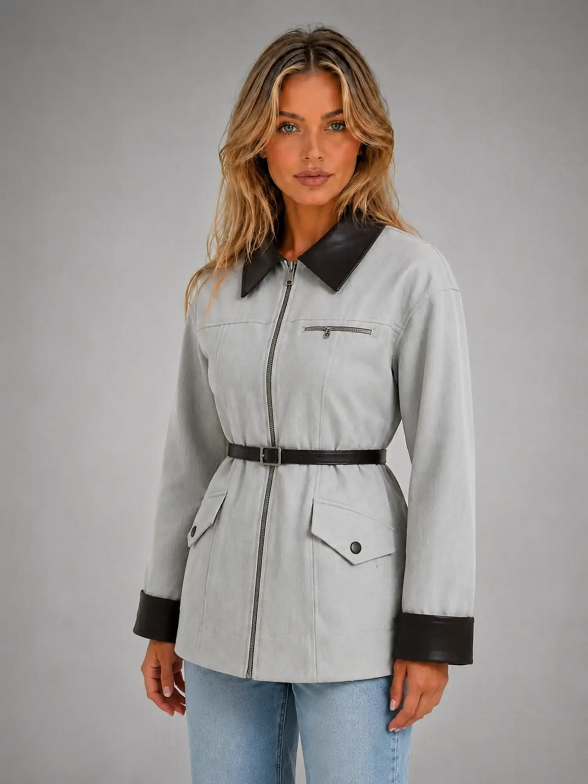 Women's Belted Tailored Blazer – Cinched-Waist Smart Style in grey, hover view