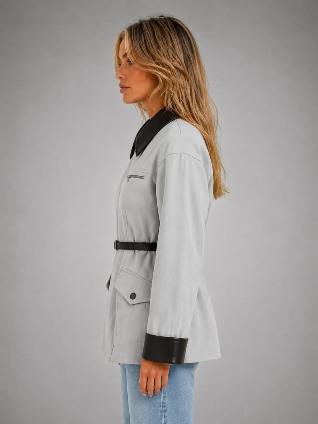 Women's Belted Tailored Blazer – Cinched-Waist Smart Style in grey, side view