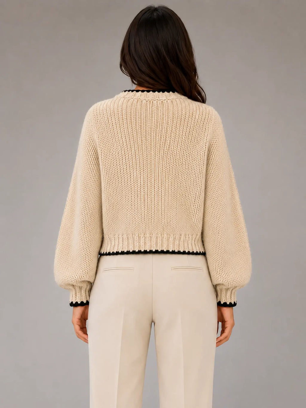 Women's Bow-Tie Contrast Cardigan – Relaxed Knit Layer in beige, back view