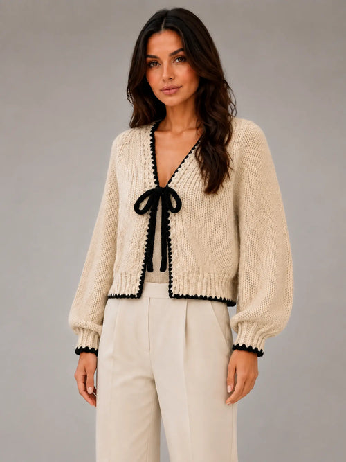 Women's Bow-Tie Contrast Cardigan – Relaxed Knit Layer in beige, hover view