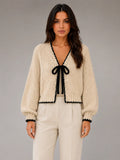 Women's Bow-Tie Contrast Cardigan – Relaxed Knit Layer in beige, main view