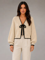 Women's Bow-Tie Contrast Cardigan – Relaxed Knit Layer in beige, main view