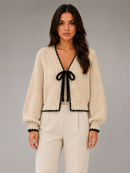 Women's Bow-Tie Contrast Cardigan – Relaxed Knit Layer in beige, main view