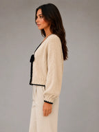 Women's Bow-Tie Contrast Cardigan – Relaxed Knit Layer in beige, side view