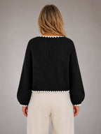 Women's Bow-Tie Contrast Cardigan – Relaxed Knit Layer in black, back view