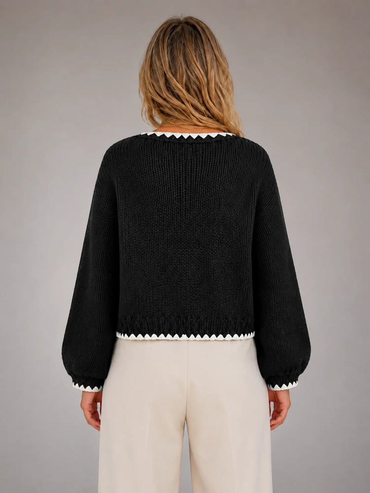 Women's Bow-Tie Contrast Cardigan – Relaxed Knit Layer in black, back view