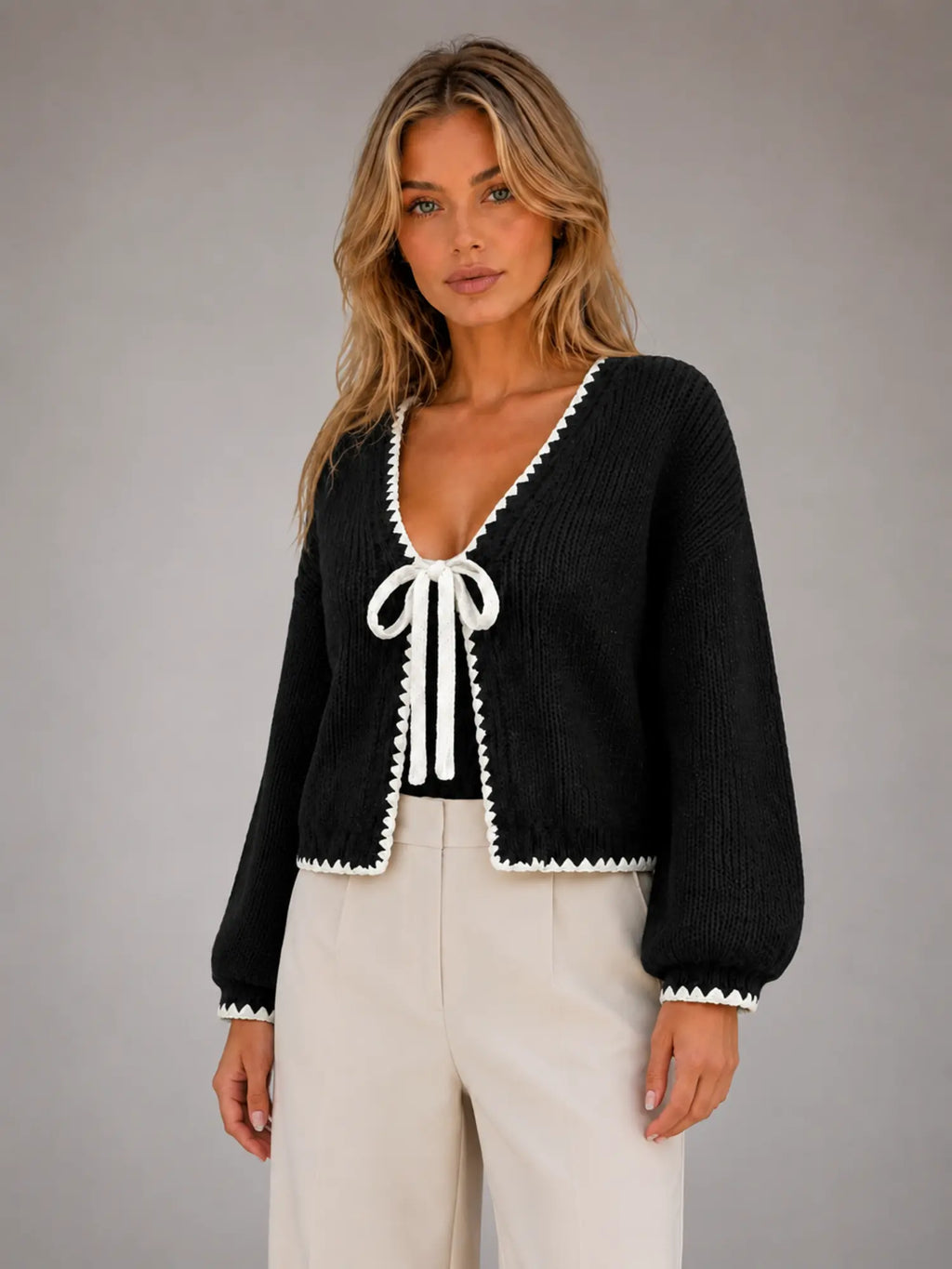 Women's Bow-Tie Contrast Cardigan – Relaxed Knit Layer in black, hover view
