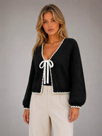 Women's Bow-Tie Contrast Cardigan – Relaxed Knit Layer in black, hover view