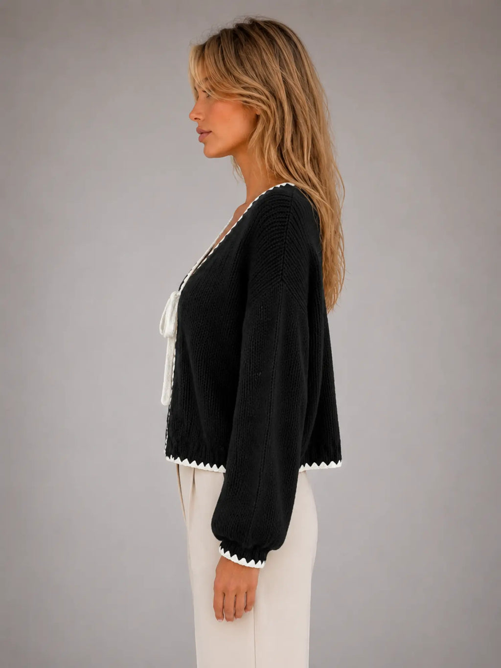 Women's Bow-Tie Contrast Cardigan – Relaxed Knit Layer in black, side view