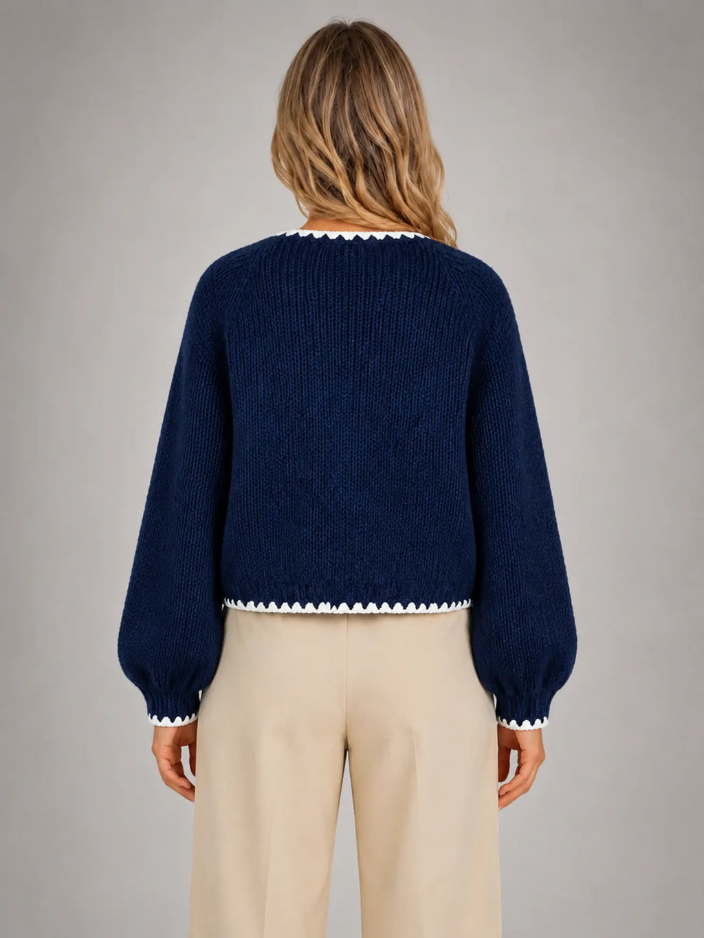 Women's Bow-Tie Contrast Cardigan – Relaxed Knit Layer in navy, back view