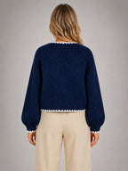 Women's Bow-Tie Contrast Cardigan – Relaxed Knit Layer in navy, back view
