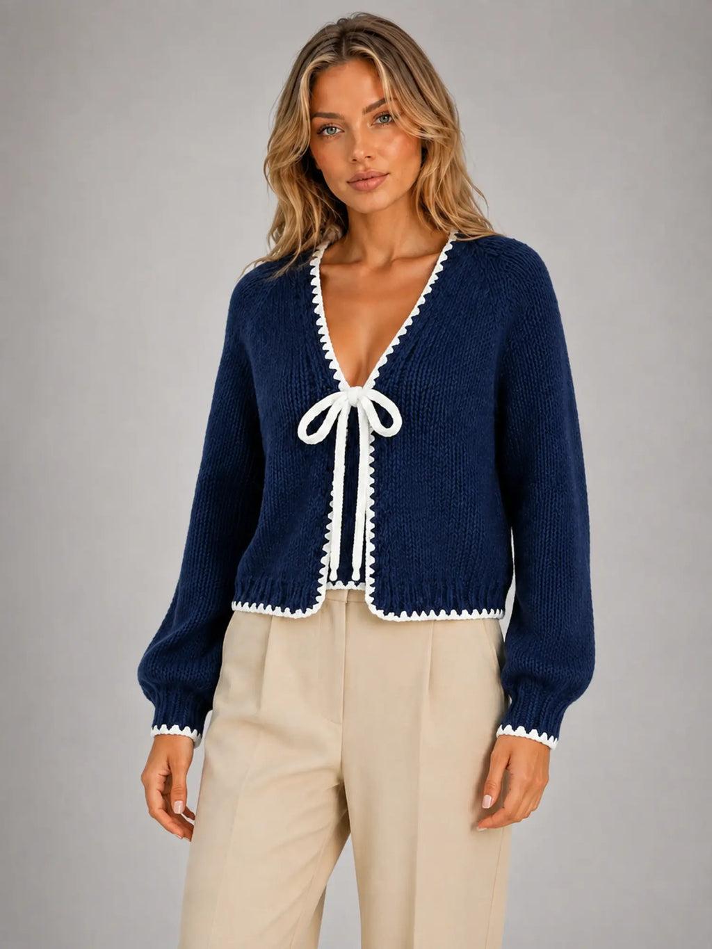 Women's Bow-Tie Contrast Cardigan – Relaxed Knit Layer in navy, hover view