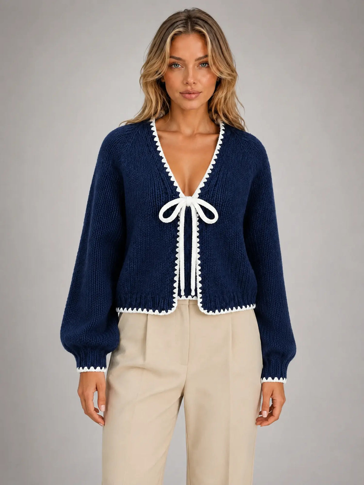 Women's Bow-Tie Contrast Cardigan – Relaxed Knit Layer in navy, main view