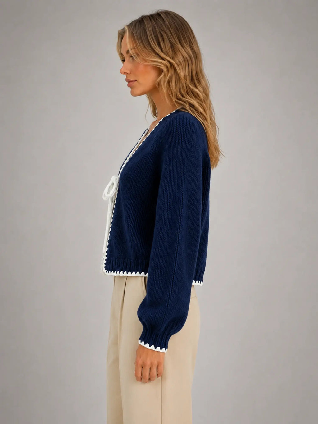 Women's Bow-Tie Contrast Cardigan – Relaxed Knit Layer in navy, side view