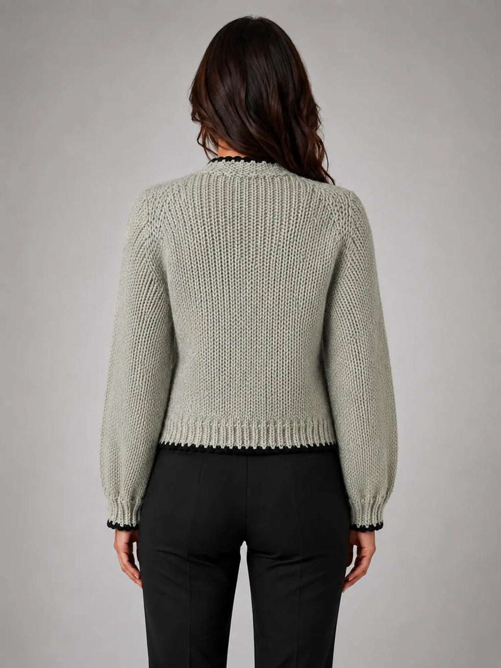 Women's Bow-Tie Contrast Cardigan – Relaxed Knit Layer in sage, back view